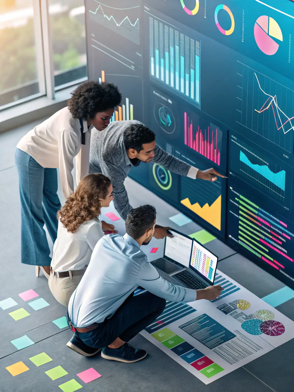 A diverse team of data scientists collaborating on a complex data analysis project, showcasing IA Data Group's expertise and collaborative approach.